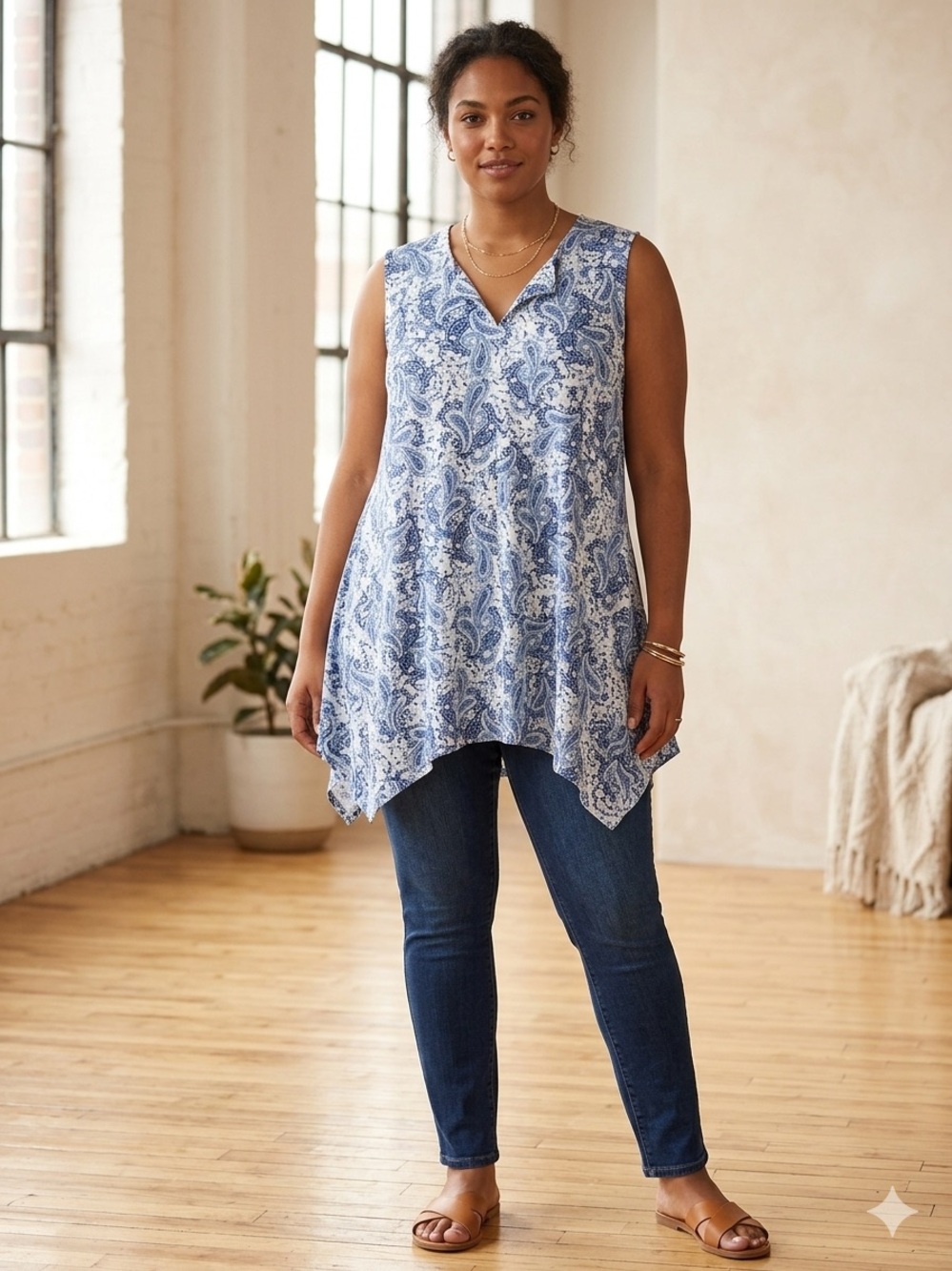 Cocomo Blue and White Paisley Sleeveless V-Neck Tunic